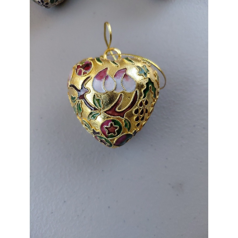 3 Vintage Cloisonne Puffy Heart Ornament Enamel & Filigree Flower Floral Pattern - Picture 4 of 6